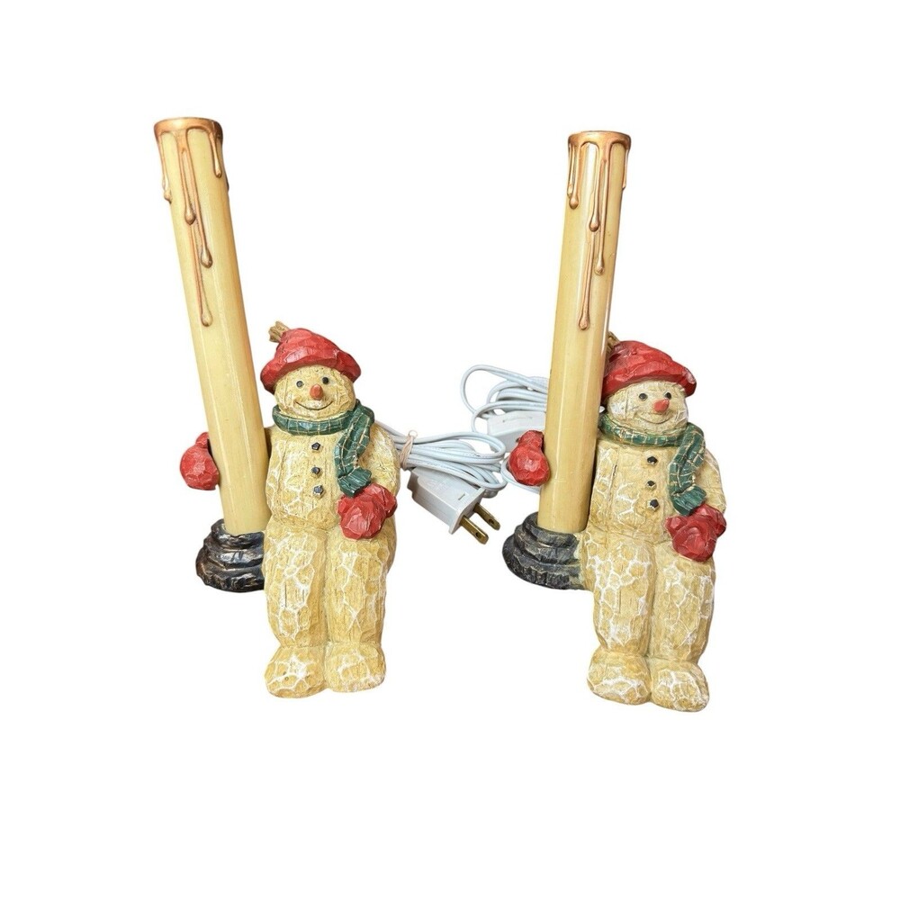 Vintage Shelf Sitter Lighted Candlestick Snowman Faux  Wood Corded Tested 7"